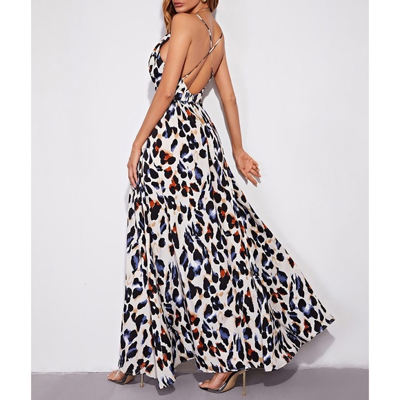 White Black Leopard Print Cross Back Flowy Cami Maxi Dress - Picture 2 of 6